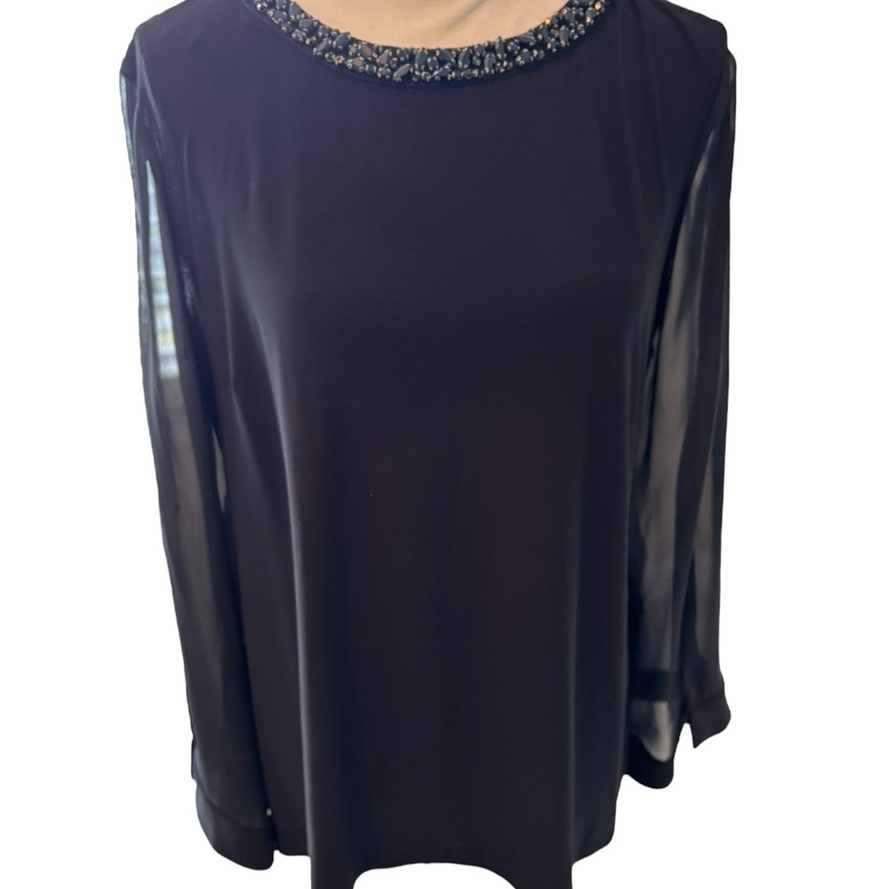 MSK Women's Black Long Mesh Sleeve Stone Designed Collar Blouse